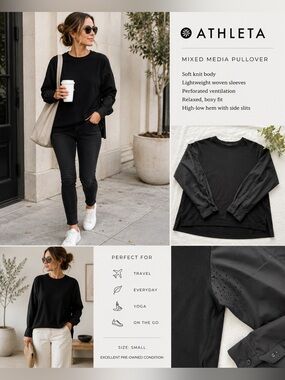 Athleta Black Mixed Media Pullover Top Size S Boxy Fit Performance Long Sleeve